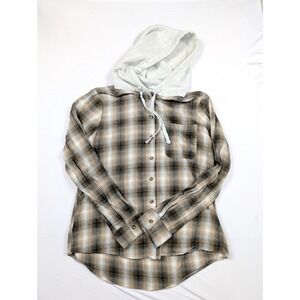 Passport Plaid Hooded Button Up Roll Tab Long Sleeve Women's Size Large
